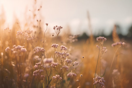 Beautiful wild flowers in the field at sunset. Nature background.の素材
