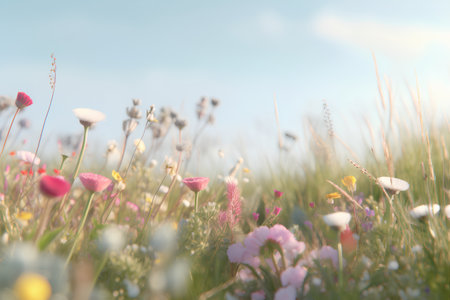 Beautiful meadow with wild flowers in spring time. Soft focus.の素材
