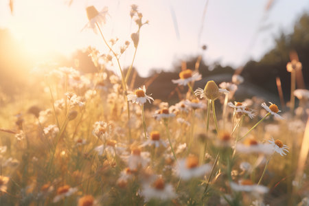 Chamomile flowers in the meadow at sunset. Beautiful nature background.の素材