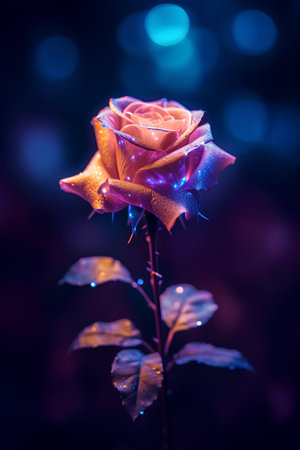 Beautiful pink rose on a dark background with bokeh.の素材