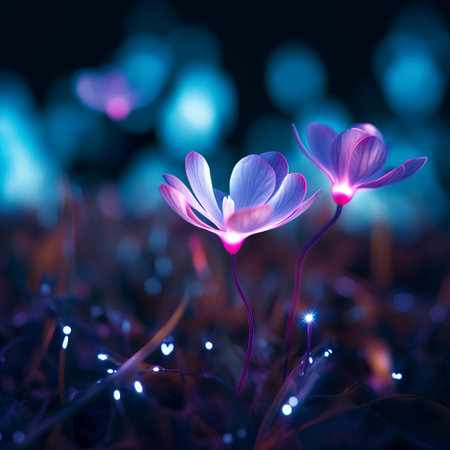 Purple crocus flowers in the grass with bokeh effectの素材