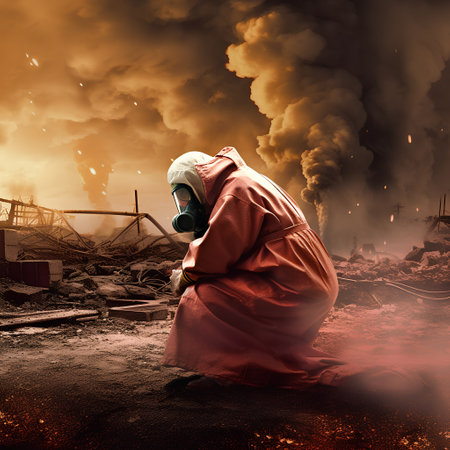 Man in gas mask and protective clothing against the background of burning buildingsの素材