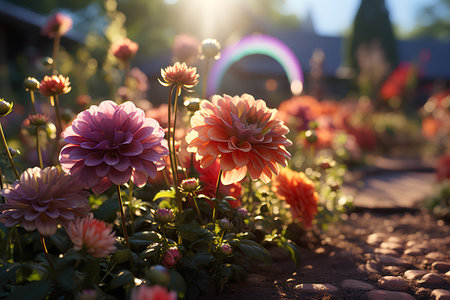 Colorful dahlia flowers in the garden at sunset. Nature backgroundの素材