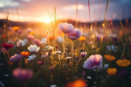 Beautiful meadow with blooming poppies at sunset.の素材
