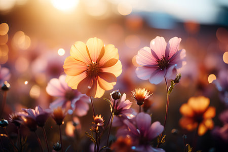 Colorful cosmos flowers blooming in the meadow at sunset.の素材