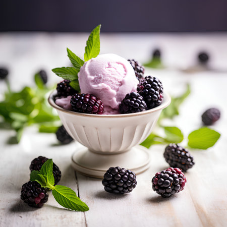 Blackberry ice cream with fresh blackberries and mint leaves. Selective focus.の素材