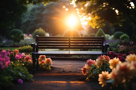 Bench in the park at sunset. Beautiful summer landscape with flowers.の素材