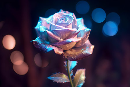 Beautiful blue rose on a dark background with bokeh.の素材
