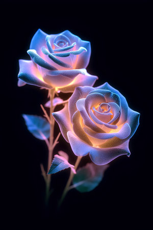 3d illustration of rose flower on a black background with blue lightの素材