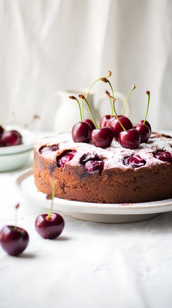 Homemade cherry cake with fresh cherries on a white background.の素材