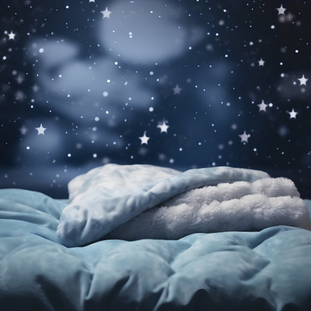 Winter background with snowflakes and a pillow on a blue blanketの素材