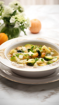 Chicken soup with vegetables in a white plate on a white marble backgroundの素材