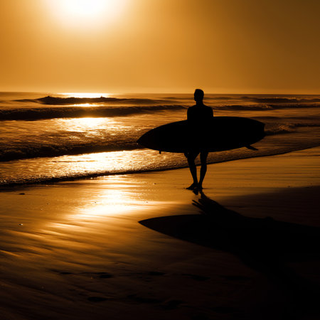 Silhouette of surfer with surfboard on the beach at sunsetの素材