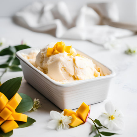Mango ice cream with fresh mango and flowers on white background.の素材