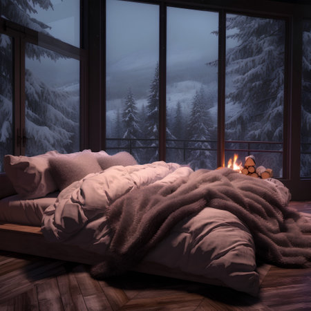 Comfortable double bed with pillows in the mountains. 3D renderingの素材