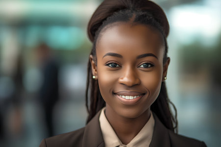 Portrait of a beautiful young african businesswoman smiling at the cameraの素材