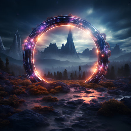 Fantasy landscape with planet and lights. 3D rendering. Virtual reality.の素材