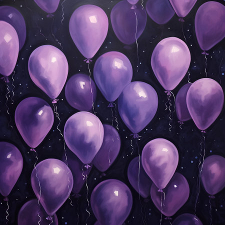 Purple balloons on a dark background. Watercolor illustration for your designの素材