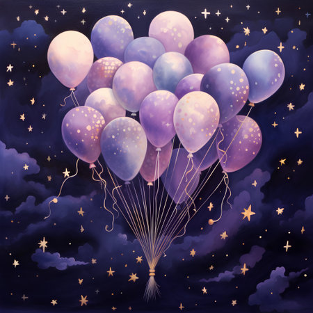 Hand drawn illustration of blue and purple balloons flying in the night skyの素材