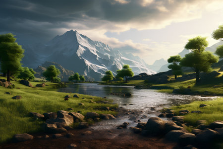 Mountain landscape with a river in the foreground. 3d renderの素材