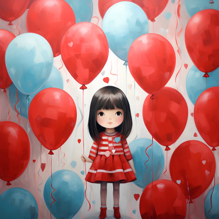 Cute little girl with red and blue balloons. Vector illustration.の素材