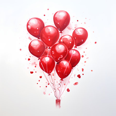 Watercolor red heart shaped balloons on white background. Vector illustration.の素材