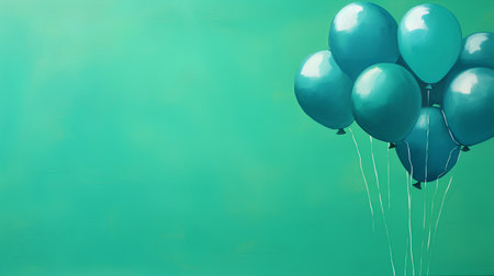Bunch of blue balloons on a green background with space for textの素材