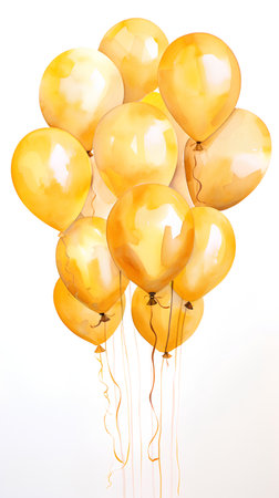 Bunch of yellow balloons with ribbons isolated on white background.の素材