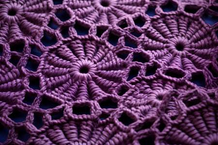 Macro shot of a crocheted purple doily on a blue backgroundの素材