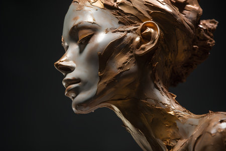 Gold sculpture of a woman's head on a black background. 3d renderingの素材