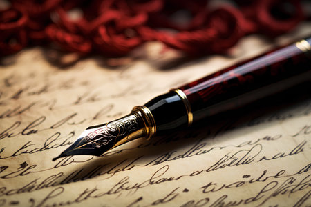 Vintage fountain pen on old paper background. Shallow depth of field. Toned.の素材