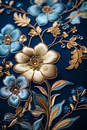 Beautiful floral pattern in vintage style on blue background. Selective focus.の素材