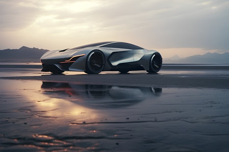 3D render of a brand-less generic concept car in the desertの素材
