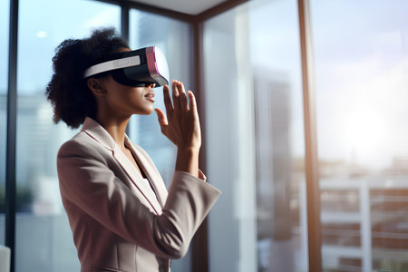 Young african american businesswoman wearing virtual reality headset in officeの素材