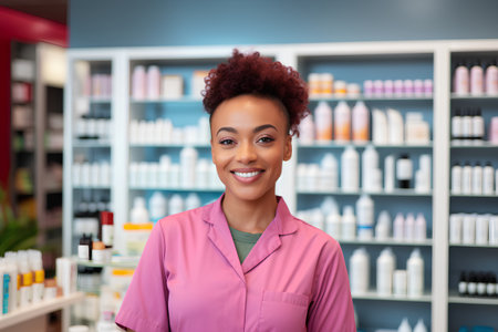 african american female pharmacist at drugstore or drugstoreの素材