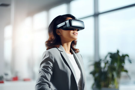 business, technology and people concept - smiling businesswoman with virtual reality headset or 3d glasses over office backgroundの素材