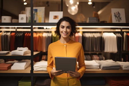 Portrait of smiling young woman holding digital tablet while standing in clothing storeの素材