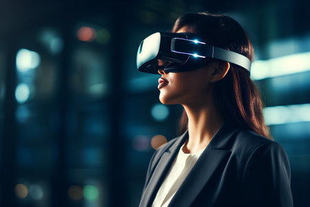 Young businesswoman wearing virtual reality goggles. Future technology and innovation concept.の素材