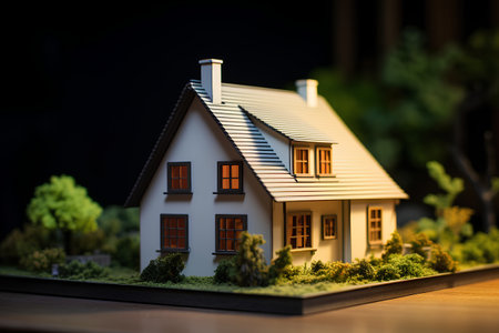 Miniature model of a house on a dark background. 3d renderingの素材