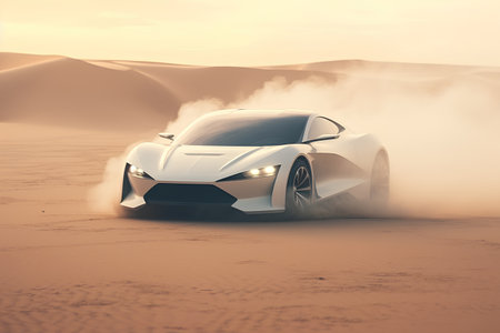 3D rendering of a brand-less generic concept car in the desertの素材