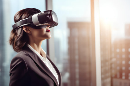 Attractive businesswoman wearing virtual reality goggles in office. Mixed mediaの素材