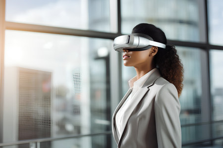 Attractive african american businesswoman using virtual reality headset in officeの素材