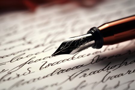 Fountain pen on an old handwritten letter. Shallow depth of field.の素材