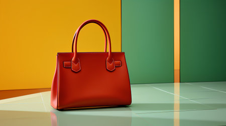 Red leather women's handbag on a colorful background. 3d renderingの素材