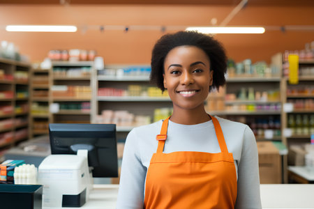 african american female cashier at cash desk in drugstoreの素材