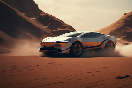 3D rendering of a brand-less generic concept car in the desertの素材