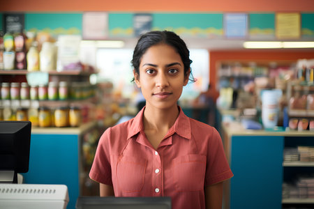 portrait of young indian woman cashier at grocery store counterの素材
