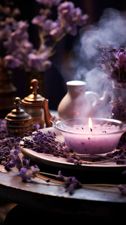 Dry lavender flowers with aroma candle on a wooden table.の素材