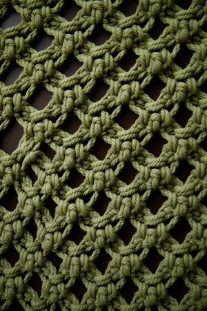 Green knitted crochet pattern on dark brown background. Close up.の素材
