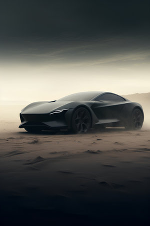 3D rendering of a sports car in the desert with sand dunesの素材